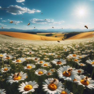 Bees pollinating daisy field