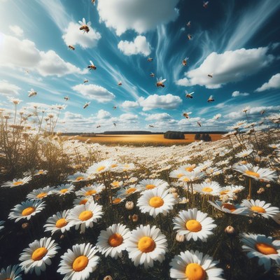 Bees buzzing over daisy field