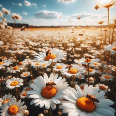 Bees pollinating daisies in a field