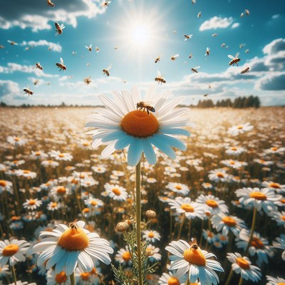 Bees pollinating daisies in a field