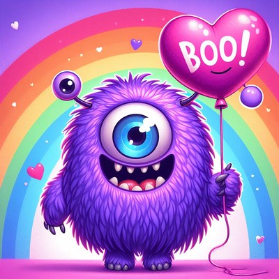 Purple one-eyed monster holding heart balloon