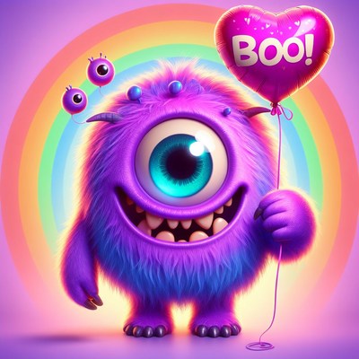 One-eyed monster holding heart balloon