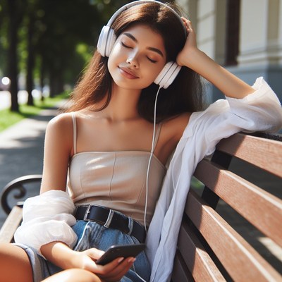 Woman listening to music on bench