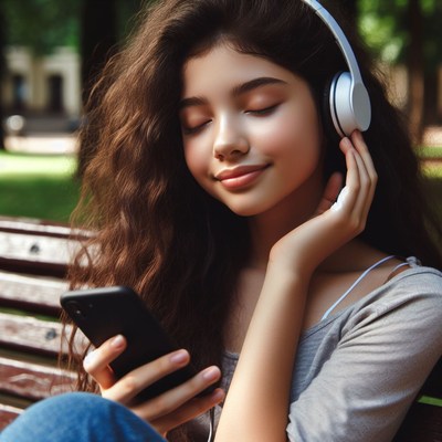 Girl listening to music on a bench