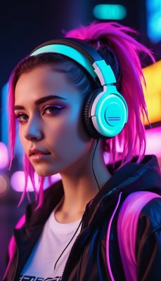 Woman with pink hair wearing headphones in neon lights
