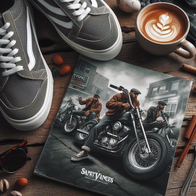 Gray vans, motorcycle magazine, and coffee