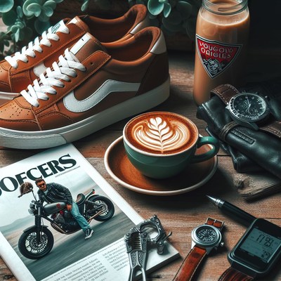 Brown sneakers and latte on table