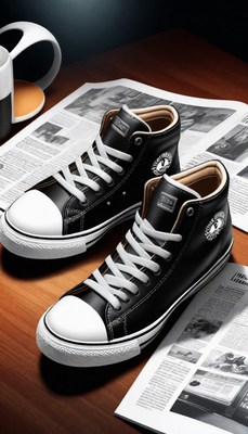 Black leather sneakers on newspaper