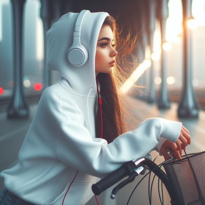 Woman listening to music on bike