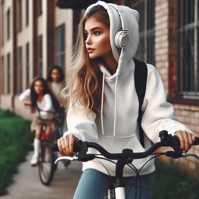 Woman riding bike with headphones