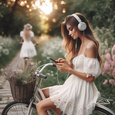 Woman in white dress on a bicycle