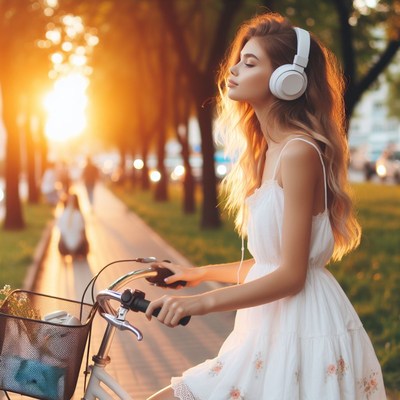 Woman listening to music on bike