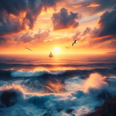 Sailboat at sunset with waves