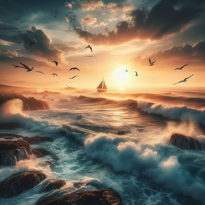 Sailboat at sunset with waves