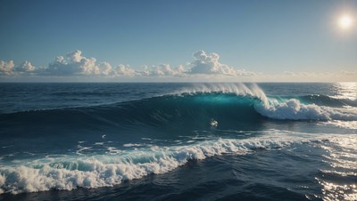 Ocean wave breaking under sunny skies