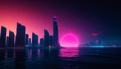 Cityscape at sunset with neon glow
