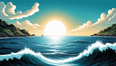 Coastal sunset over mountains