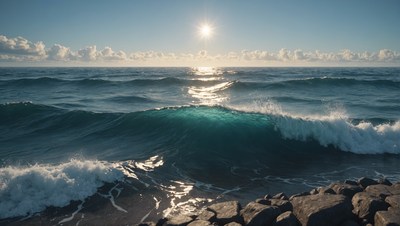 Ocean waves crashing on rocks at sunset