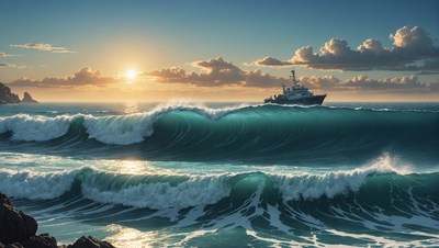 Ship navigating waves at sunset