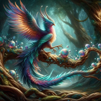 Magical bird in enchanted forest