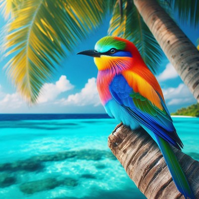 Tropical bird on palm tree