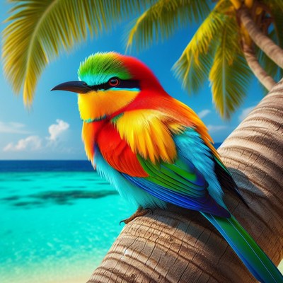 Tropical bird on palm tree