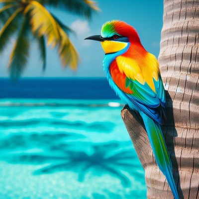 Colorful bird on palm tree by the ocean