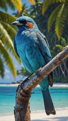 Blue bird perched on branch in tropical paradise