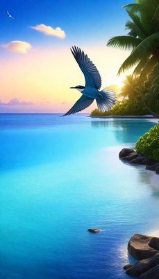 Bird flying over tropical beach at sunset