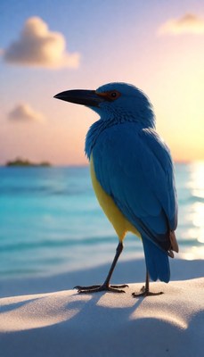 Blue bird on tropical beach at sunset