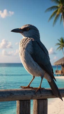 Bird perched on railing in tropical paradise