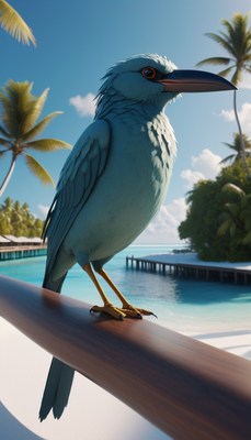 Blue bird perched on railing in tropical paradise