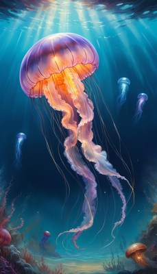 Jellyfish swimming in sunlit ocean