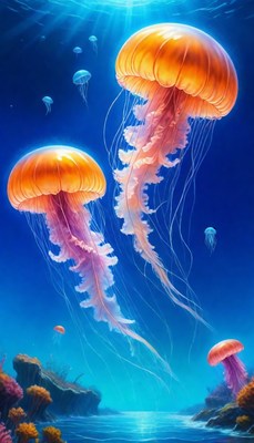 Two orange jellyfish swimming in blue water