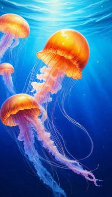 Orange jellyfish swimming in blue water