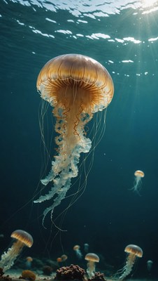 Jellyfish swarm in blue water