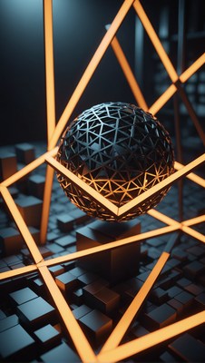 Geometric sphere in neon cage