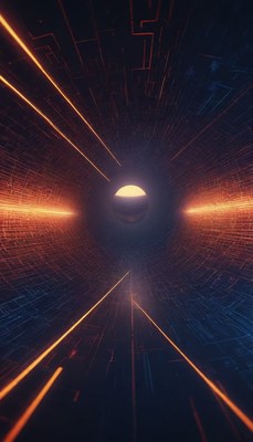 Digital tunnel with orange light beams