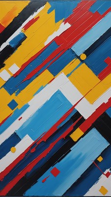 Abstract painting with blue, red, and yellow