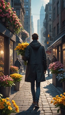 Man walking through flower-lined city street