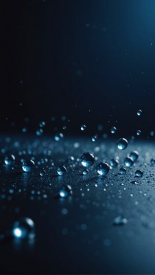 Water droplets falling on dark surface