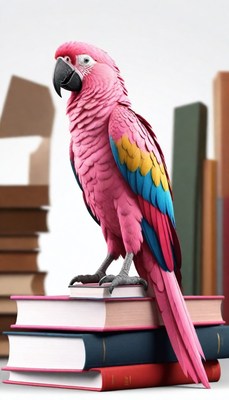 Pink parrot on books