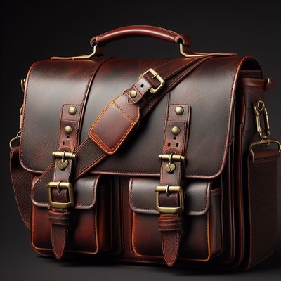 Brown leather messenger bag with buckles