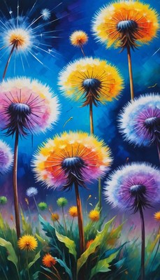 Colorful dandelions in field