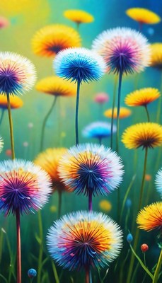 Colorful dandelions in a field