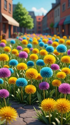 Colorful dandelions in a european town