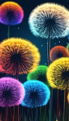 Colorful dandelion blooms at night