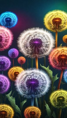 Colorful dandelion blooms in a dark garden