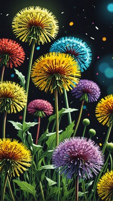 Colorful dandelion field at night