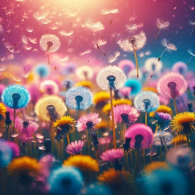 Colorful dandelion field at sunset